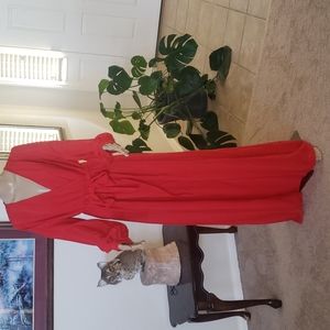 L Gorgeous puff long sleeve dramatic faux wrap dress peekaboo deep slit te…